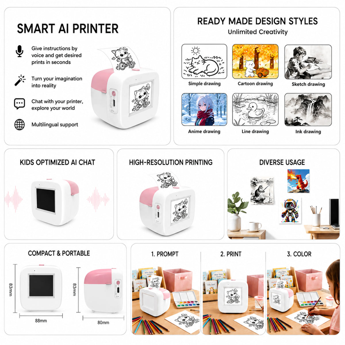 Mars AI Voice Powered Sticker Maker AI Voice Thermal Printer 200DPI Wireless Portable Mini Printer for Kids Thermal Sticker Maker