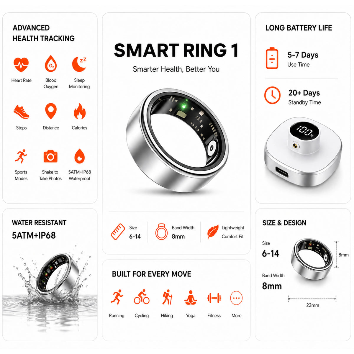 Mars Ring Health Tracker for Women & Men, Sleep Exercise Health Monitoring, Daily Tracking, iOS/Android Compatible, IP68 Waterproof, No Subscription Required, 5‑Day Battery Life