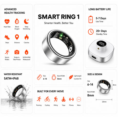 Mars Ring Health Tracker for Women & Men, Sleep Exercise Health Monitoring, Daily Tracking, iOS/Android Compatible, IP68 Waterproof, No Subscription Required, 5‑Day Battery Life